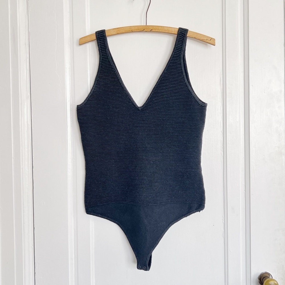 A&F • Ottoman V-Neck Tank Bodysuit black ribbed sweater knit thong sleeveless